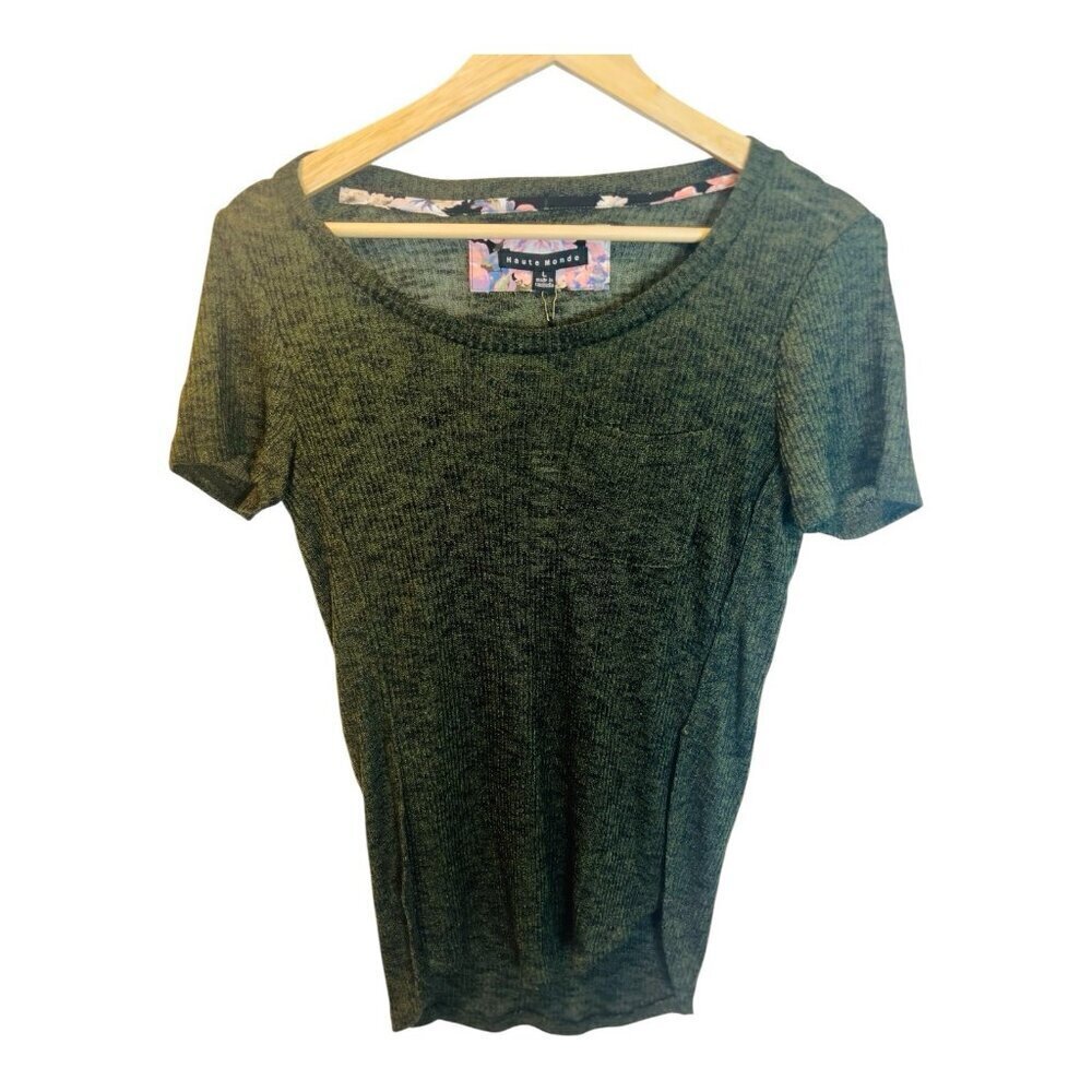Haute Monde Green Short Sleeve Knit Top Size Large Pocket Slit Sides Stretch NWT